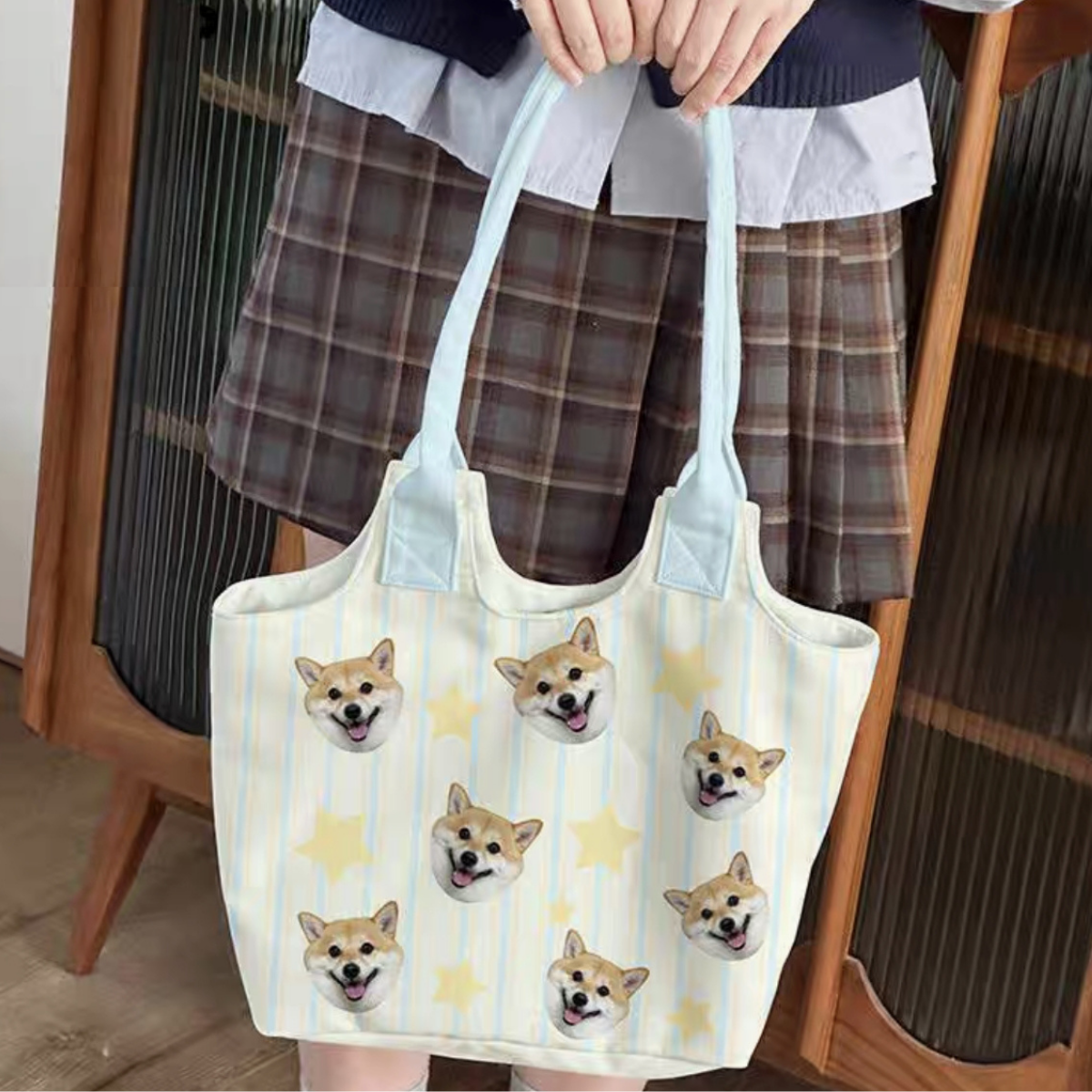 Custom Pet Photo Shoulder Bag – Striped Personalized Tote for Pet Lovers