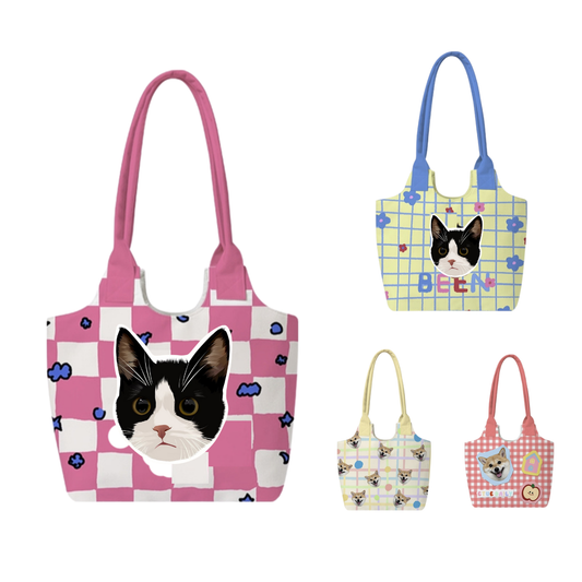 Custom Pet Photo Shoulder Bag – Personalized Plaid Tote for Pet Lovers